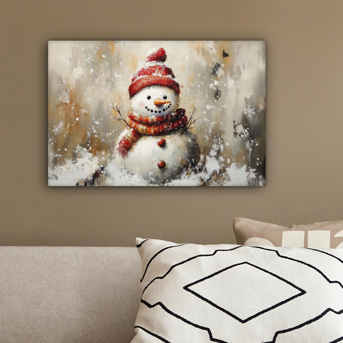 LEINWANDBILD Schneemann - Winter - Schnee - Beige Deko Schlafzimmer 30x20 cm - Weiß, Textil (30/20cm) - MuchoWow