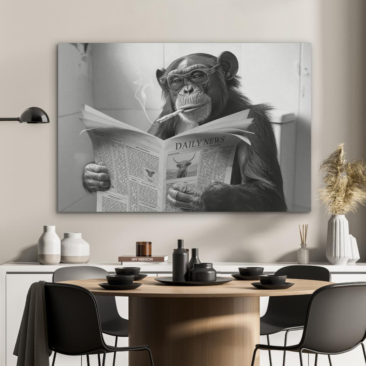 AKUSTIKBILD Affe - WC - Zeitung - Schwarz-Weiß - Humor Wandbild Wohnzimmer 100x70 cm - Hellgrau, Kunststoff (100/70/0.9cm) - MuchoWow