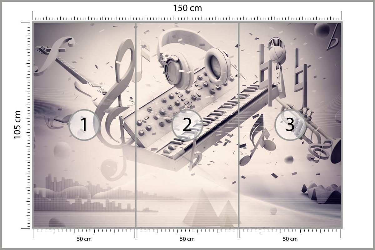FOTOTAPETE für Jugendzimmer Modern Kollage Musik Klavier Noten Kopfhörer 150x105 - Grau, Papier (150/105cm) - Muralo