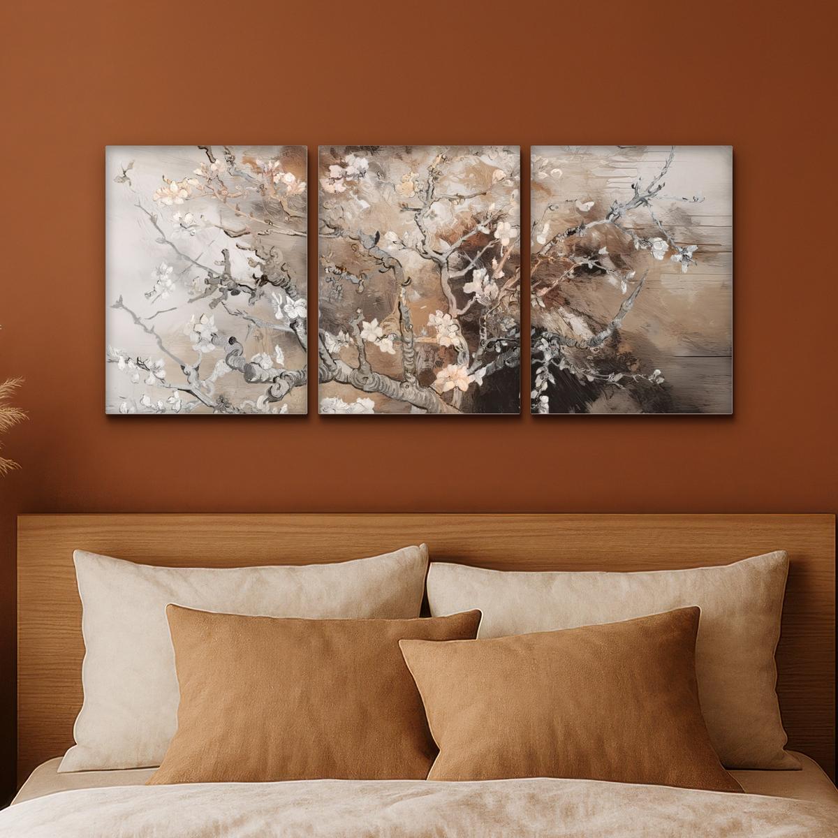 LEINWANDBILD 3er Set Mandelblüte - Abstrakt - Beige 90x40 cm - Beige, Textil (90/40cm) - MuchoWow