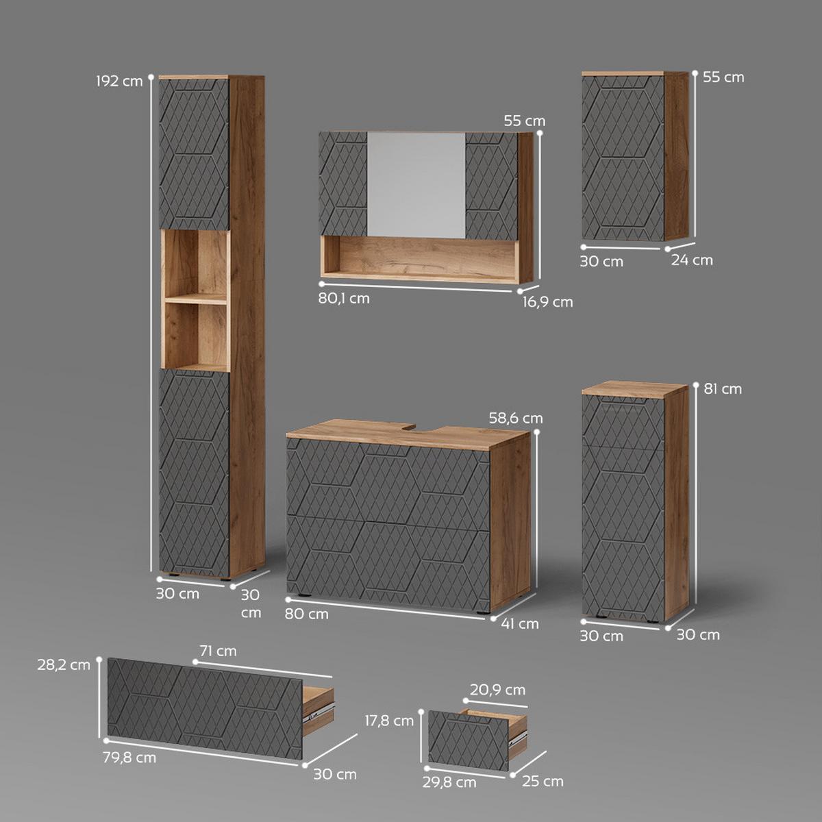 BADMÖBEL-SET Ronco Anthrazit mit Wabenstruktur 5 Teile - Anthrazit, Holzwerkstoff (80/58/41cm) - Livinity®