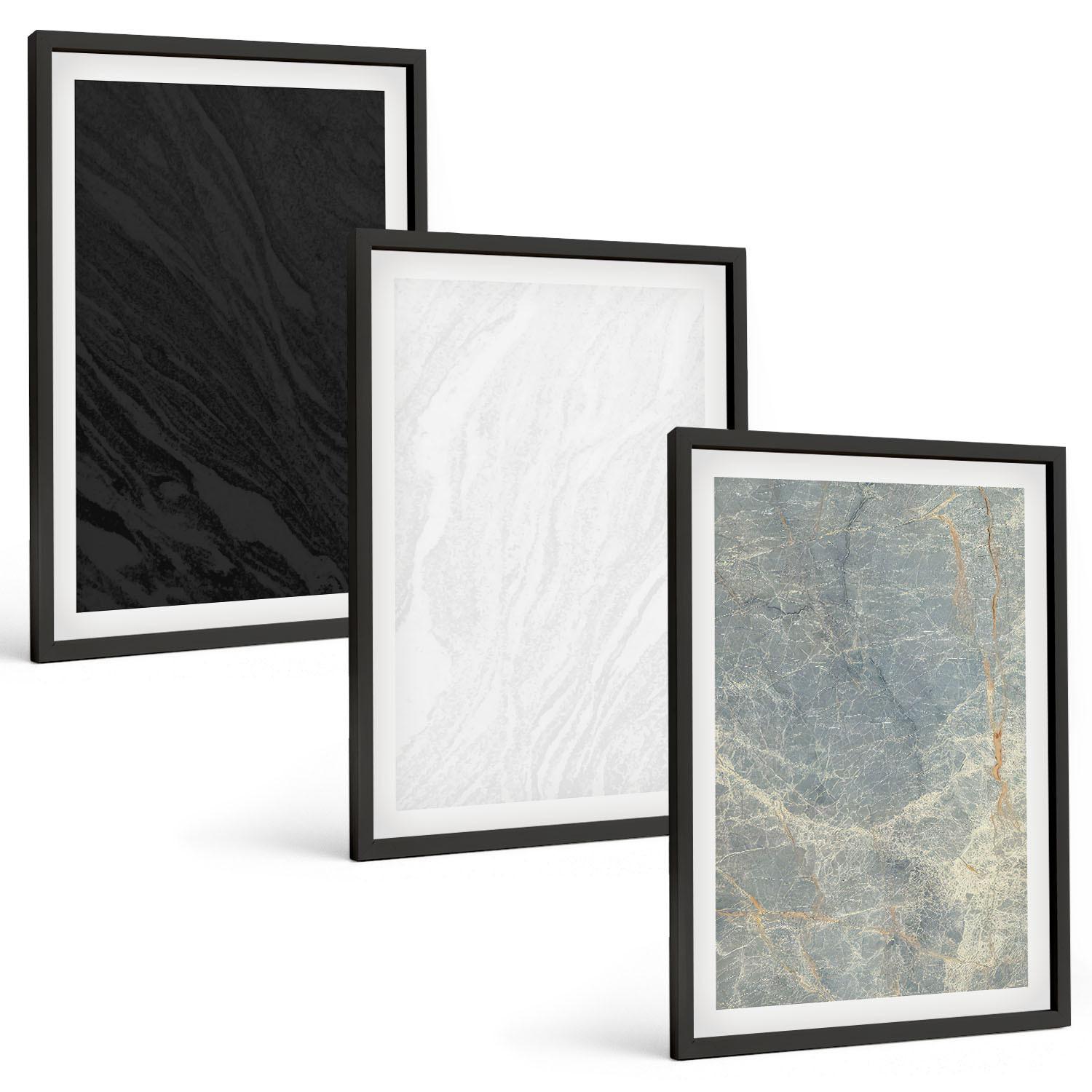 BILDER SET 3er Set - 40x60 cm Schwarzer Rahmen - Die Farben eleganter Steinstrukturen - Schwarz, Kunststoff (40/60cm) - TULUP