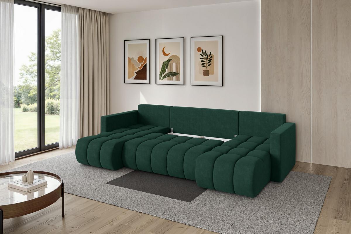 WOHNLANDSCHAFT mit Schlaffunktion und Bettkasten GARD-U 300x146x85 Grün Velours - Schwarz/Grün, Holzwerkstoff/Kunststoff (300/85/146cm) - ALTDECOR