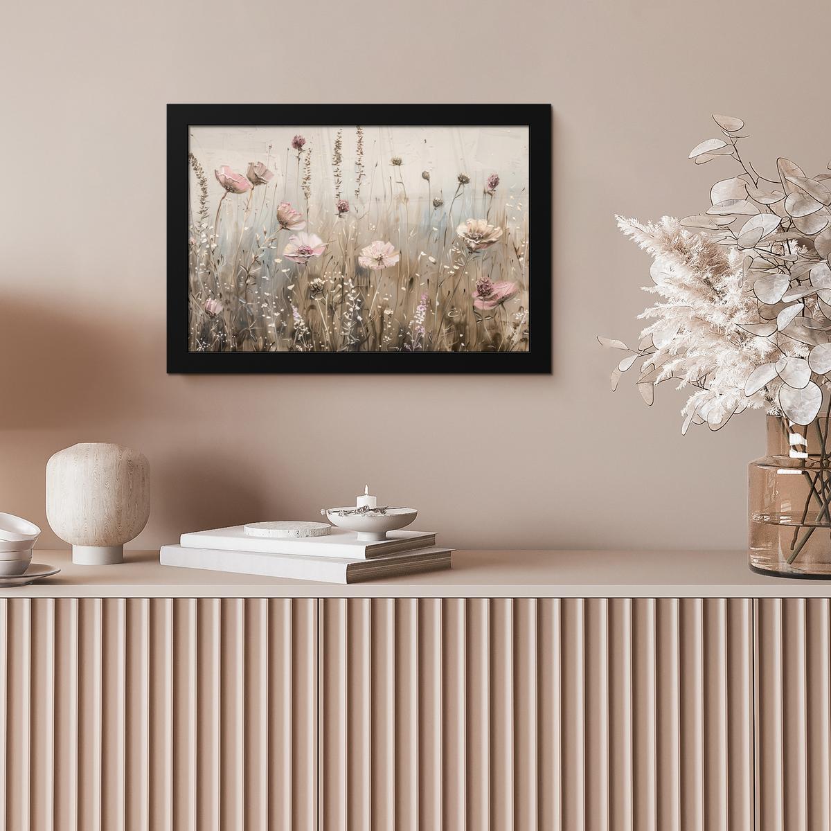 POSTER MIT RAHMENGERAHMTES BILD Blumen - Rosa - Modern - Beige 30x20 cm - Beige, Papier (30/20cm) - MuchoWow