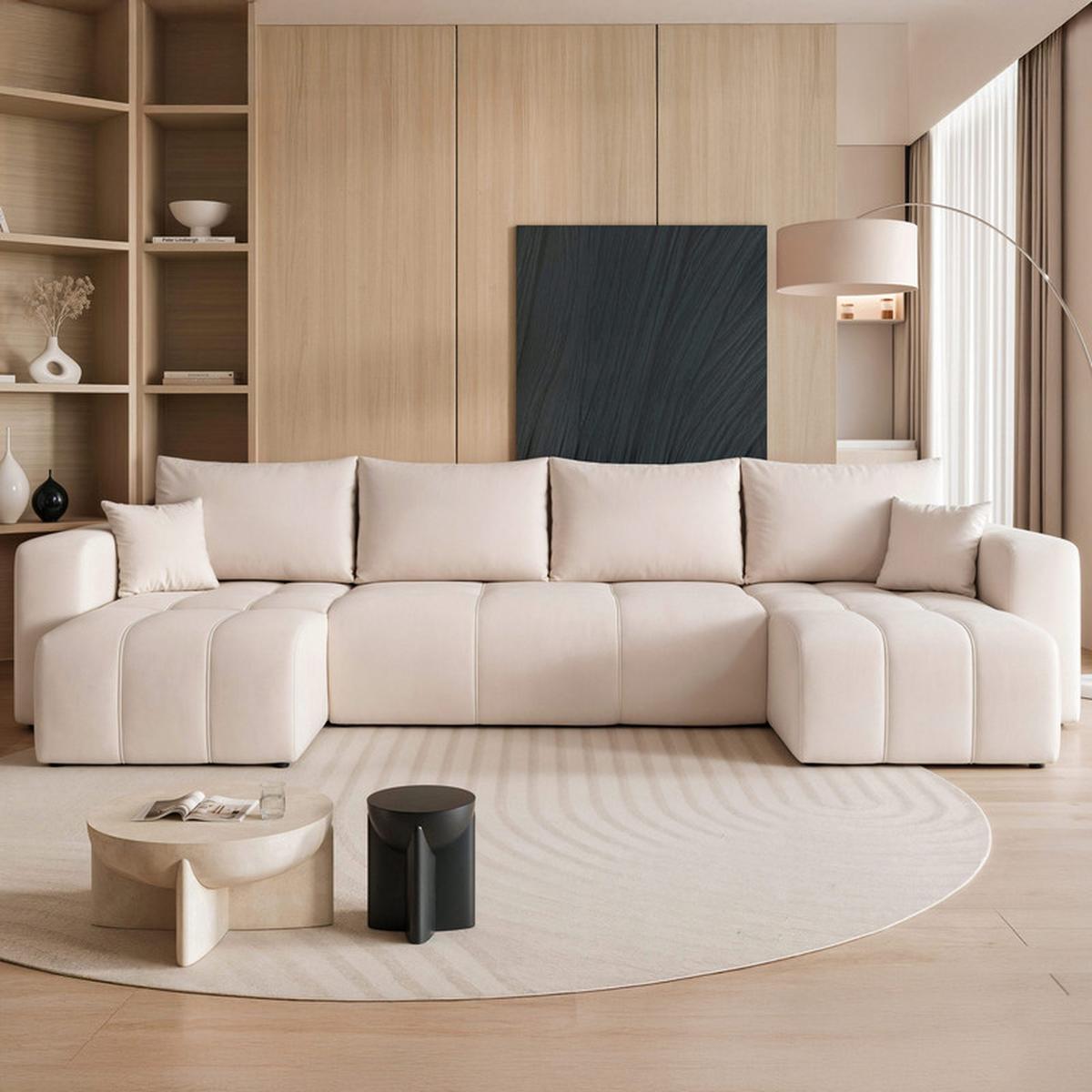 WOHNLANDSCHAFT PEDRO mit Schlaffunktion und Bettkasten Creme - Creme, Holzwerkstoff/Textil (318/79/145cm) - Idohome