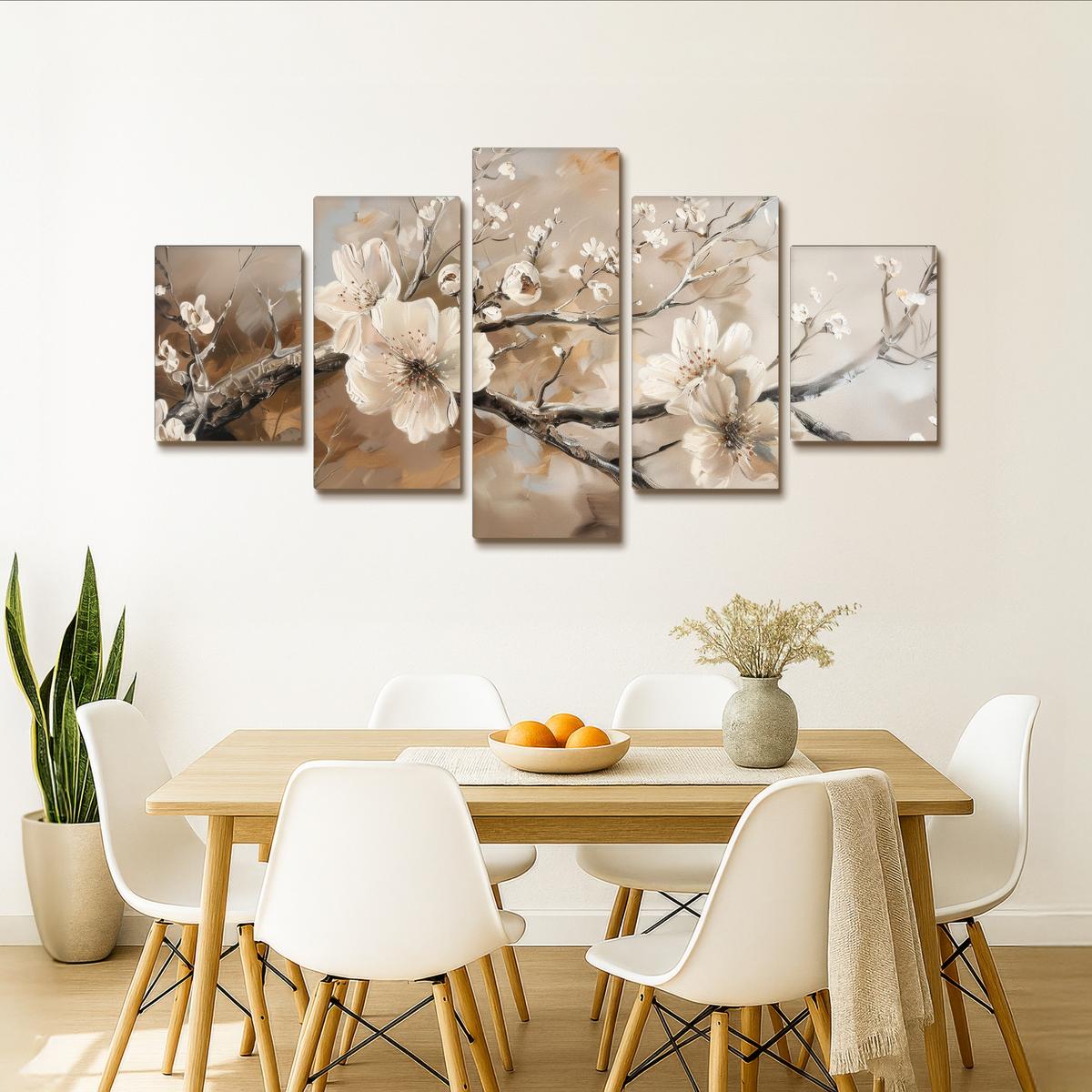 LEINWANDBILD 5er Set Blüte - Beige - Abstrakt - Blumen 150x80 cm - Hellbraun, Textil (150/80cm) - MuchoWow