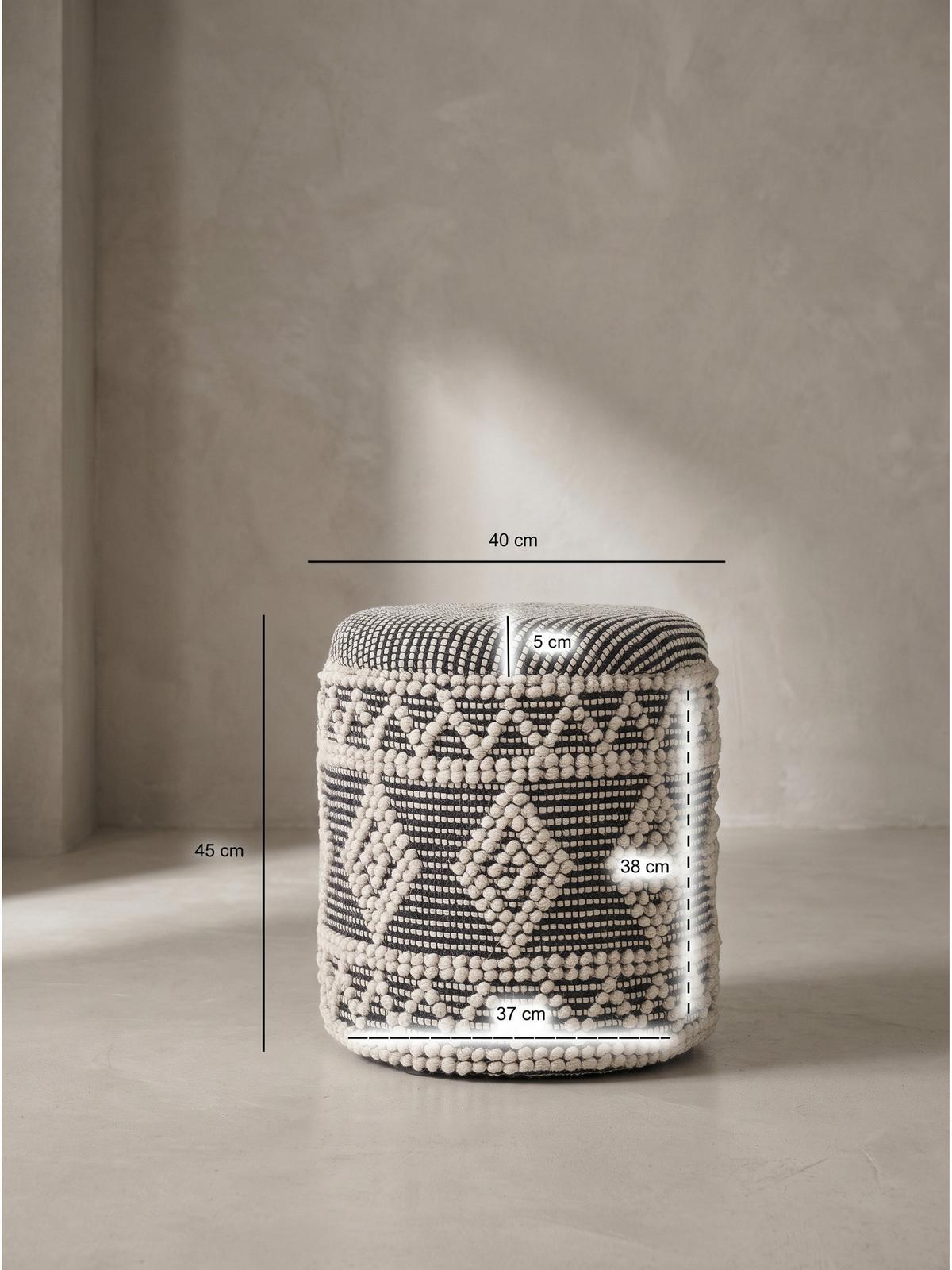 SITZHOCKER RHONE, Stoff, mit Textilbezug, mit Rautenstruktur, Creme-Schwarz, Ø 40 x 45 cm - Beige/Grau, Textil (40/45/40cm) - KADIMA DESIGN