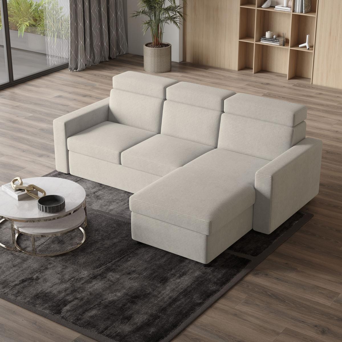 ECKSOFA PADWA Creme Kordstoff mit Schlaffunktion - Creme/Schwarz, Holz/Kunststoff (227/168cm) - MASSENO