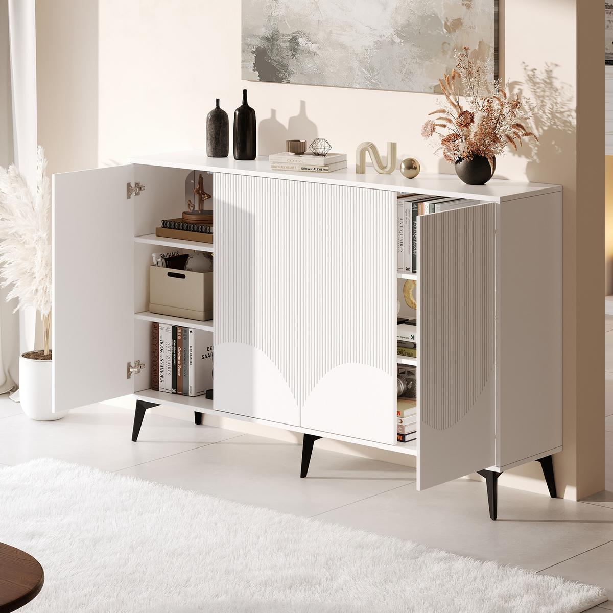 SIDEBOARD weiß & 3d-rillen-design mit 4 türen - Weiß, Holzwerkstoff (160/100/35cm) - Urban Meuble