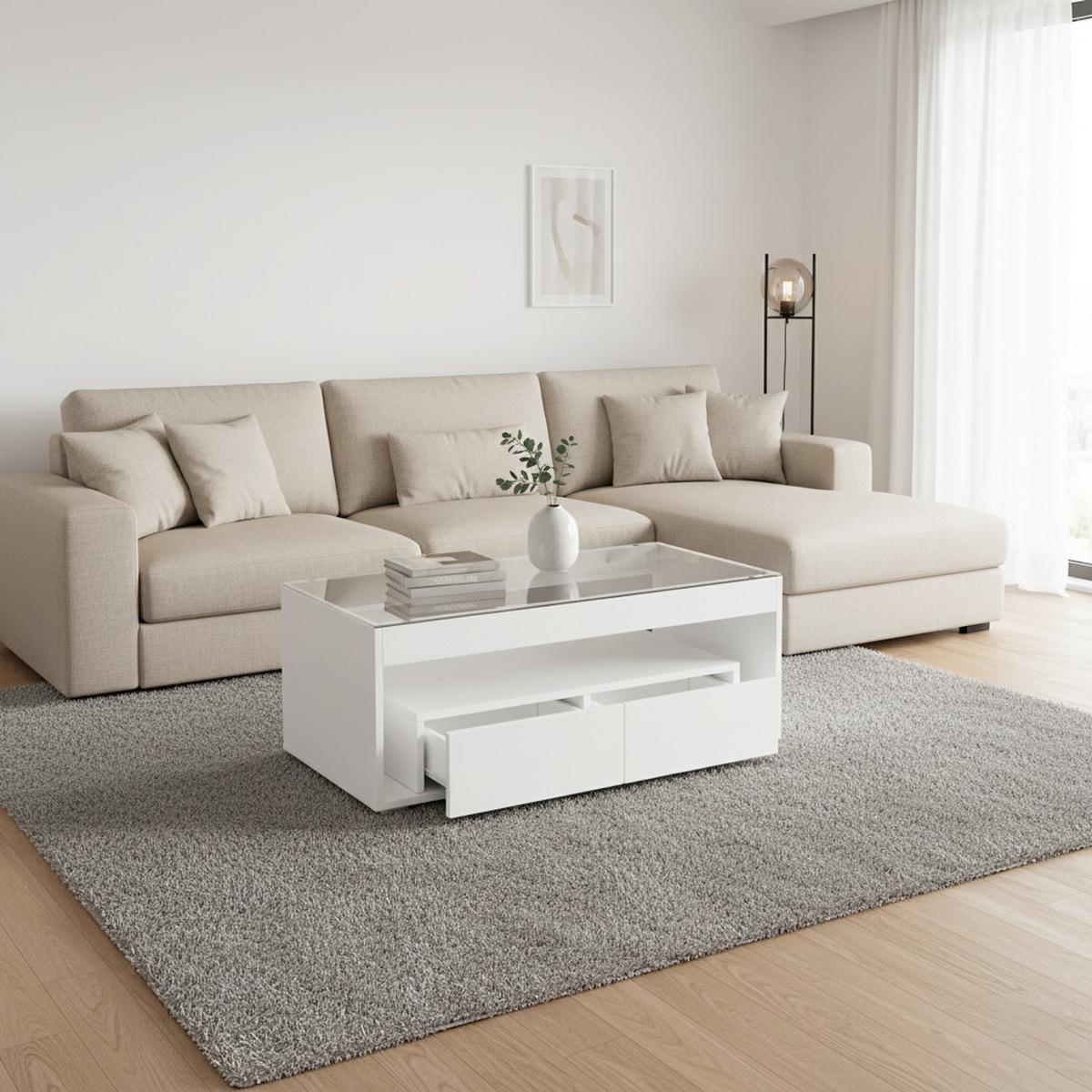 COUCHTISCH Weiß Hochglanz mit LED & 2 Schubladen - Beige, Holzwerkstoff (50/100/40cm) - Urban Meuble