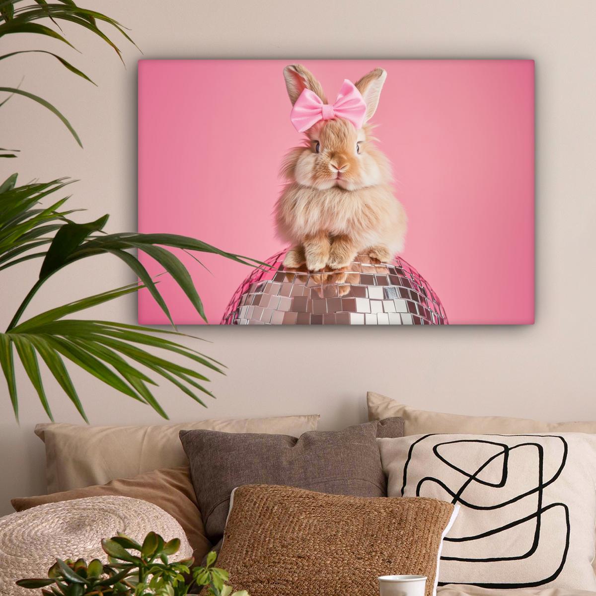 LEINWANDBILD Schleife - Discoball - Kaninchen Wanddeko 90x60 cm - Pink, Textil (90/60cm) - MuchoWow