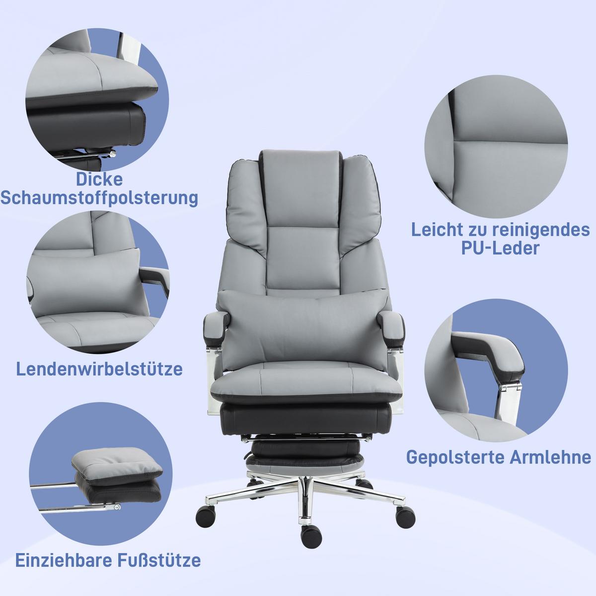 BÜROSTUHL, Ergonomischer, Grau - Grau, Leder (71/129/63cm) - HOMCOM