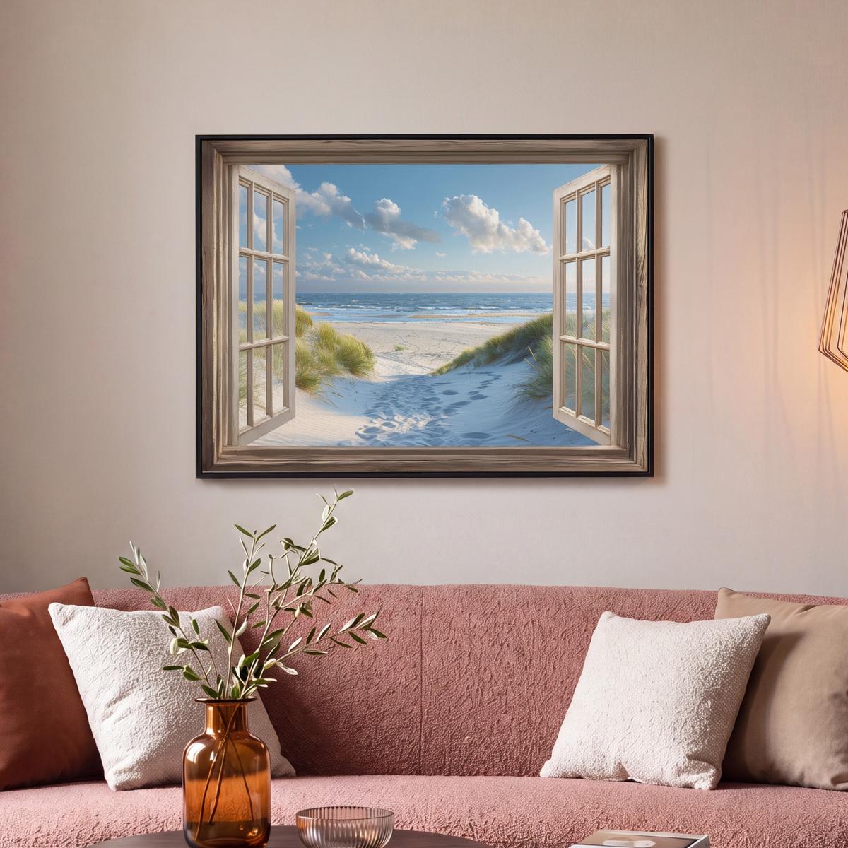 LEINWAND Bilder mit Rahmen - Aussicht - Strand - Fenster - Dünen - Meer - 80x60 - Hellblau, Textil (80/60cm) - MuchoWow
