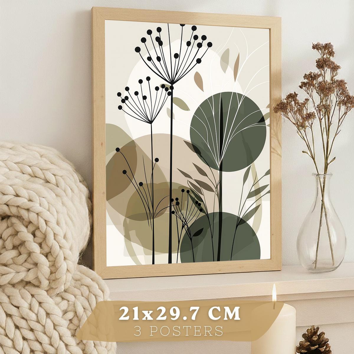 POSTER 4er Kunstdruck-Set Wandbilder Blumen Botanisch modern Wohnzimmer Deko, Schlafzimmer, Küche, Badezimmer Leichter Holzrahmen A4 - Beige, Papier (29.7/1/21cm) - Nacnic