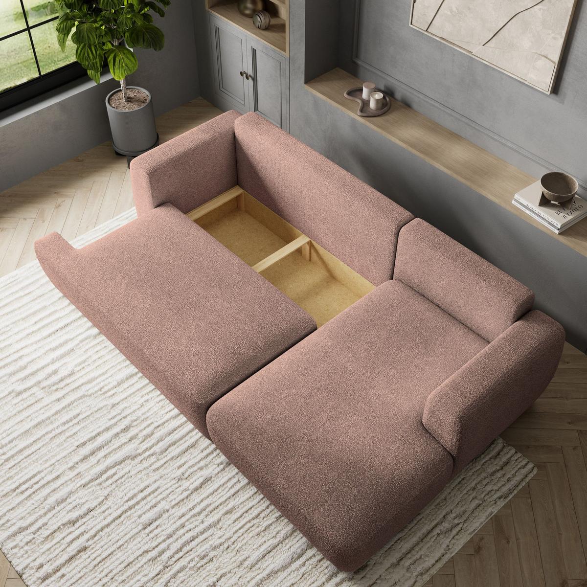 ECKSOFA SENTI N R-S Rosa Boucle-Stoff mit Schlaffunktion - Schwarz/Rosa, Holz/Kunststoff (246/148cm) - MASSENO