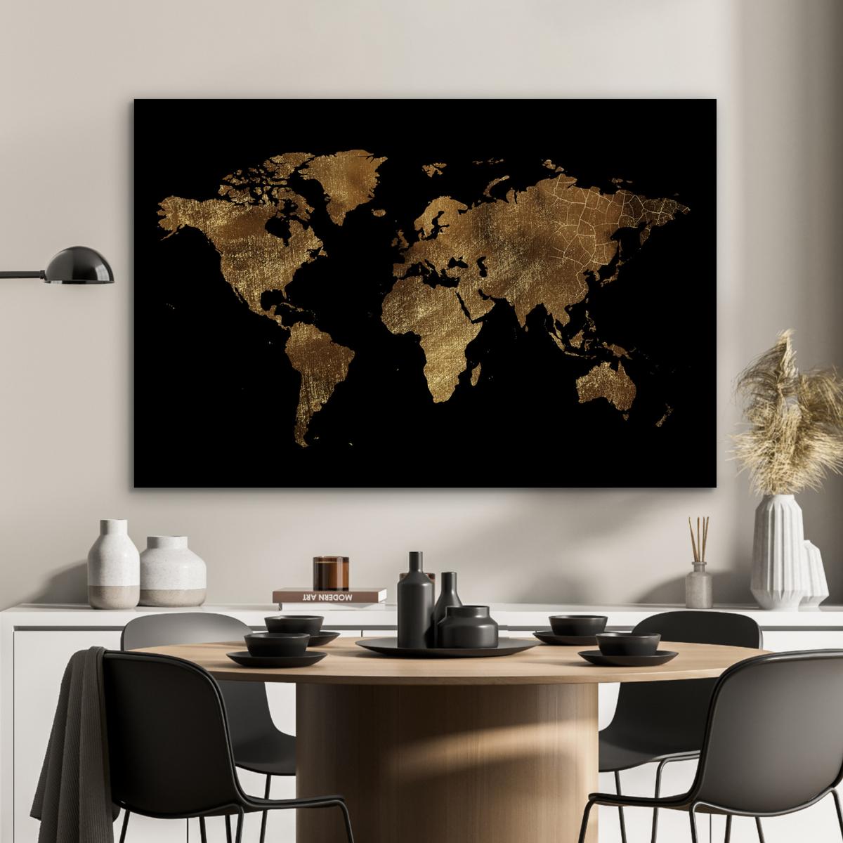 METALLBILD Weltkarte - Gold - Luxus - Erde - Schwarz Deko Groß 120x80 cm - Goldfarben, Metall (120/80cm) - MuchoWow