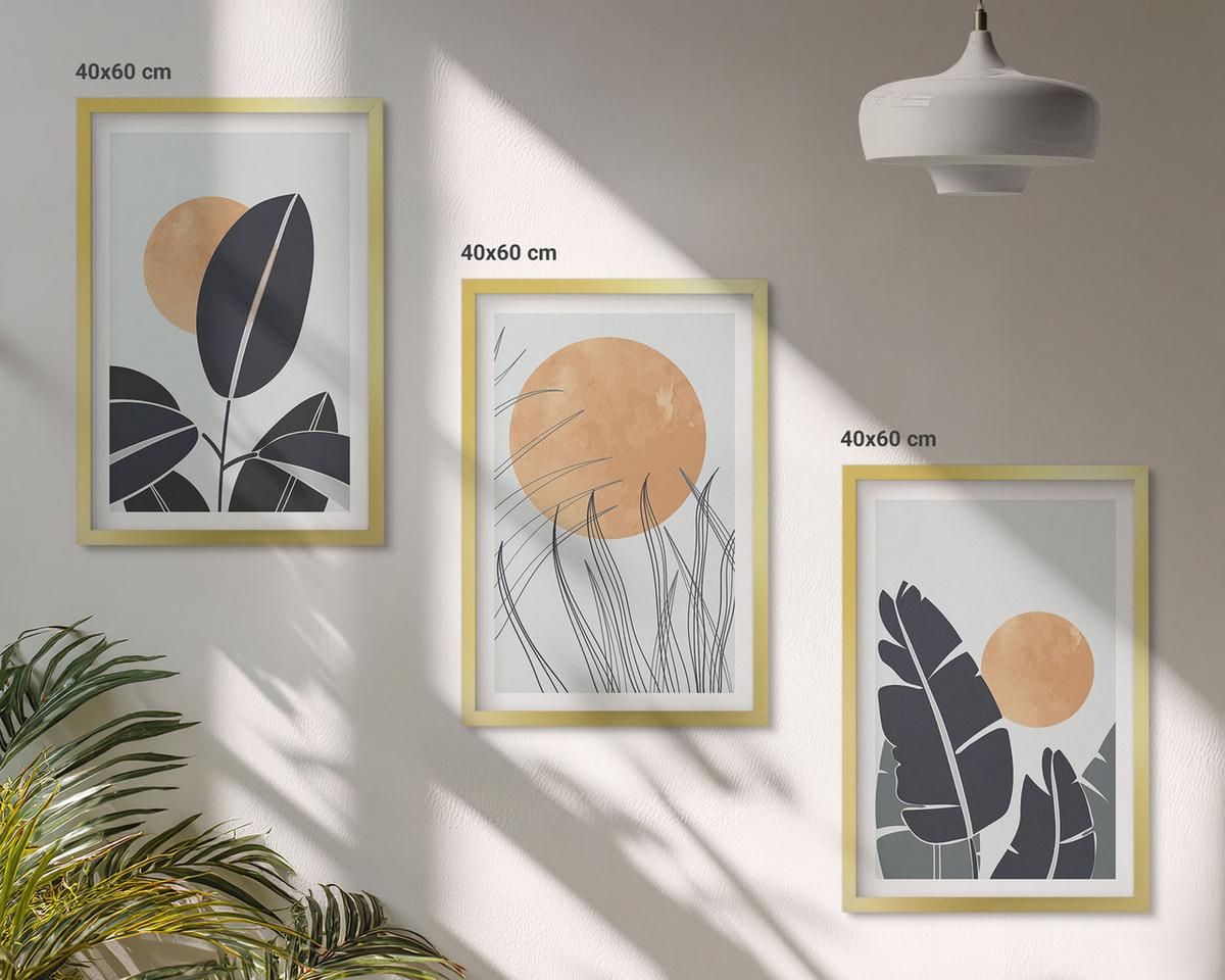 BILDER SET 3er Set - 40x60 cm Goldrahmen - Pflanzenmuster große Sonnen minimalistisch - Goldfarben, Kunststoff (40/60cm) - TULUP