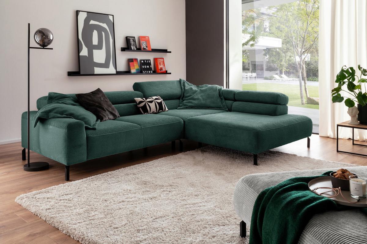 ECKSOFA MIT MOTORISCHEM SITZVORZUG DELIA Smaragdgrün Cord Relaxfunktion - Smaragdgrün/Schwarz, Textil/Metall (312/219cm) - KAWOLA