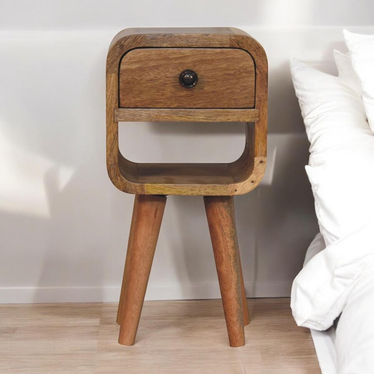 NACHTKASTEN Extra Mini Eichenoptik Geschwungen Unten, 1 Schublade und Offenes Regal, Beige - Hellbraun/Messingfarben, Holz/Metall (20/40/20cm) - Artisan Furniture