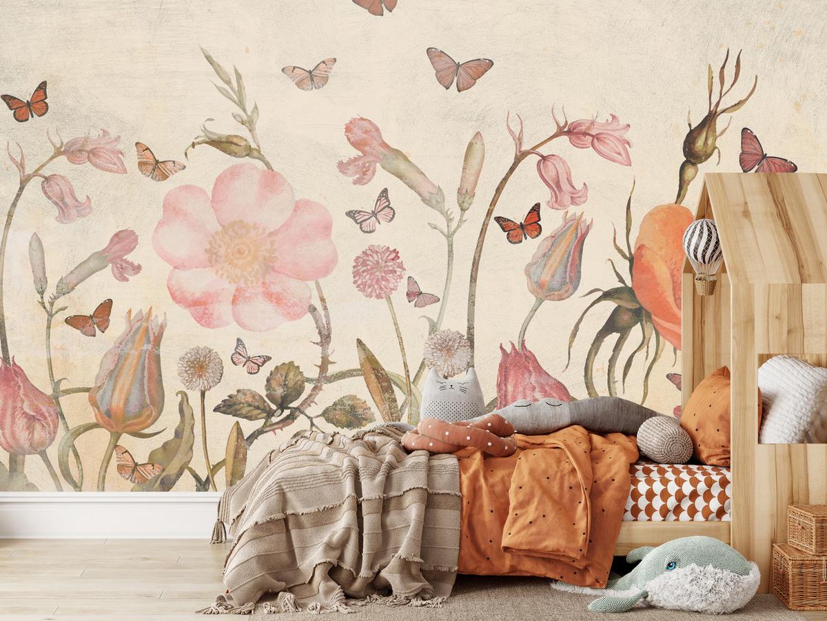FOTOTAPETE für Kinderzimmer Wiesenblumen Aquarell Schmetterlinge Boho 450x315 - Beige/Rot, Papier (450/315cm) - Muralo