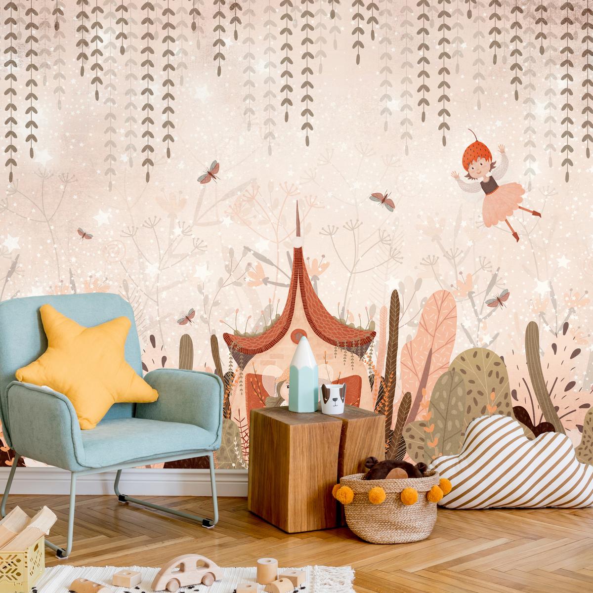 FOTOTAPETE für Kinderzimmer Feen Aquarell Wald Blumen Blätter Boho 250x175 - Beige/Orange, Papier (250/175cm) - Muralo