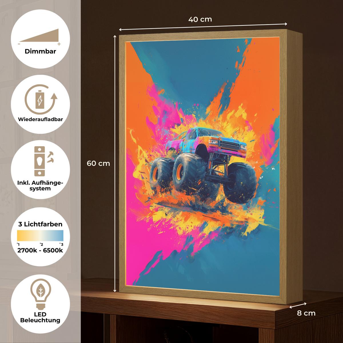 NACHTTISCHLAMPE MIT AKKU Monstertruck - Abstrakt - Farbspritzer - Farbenfroh 40x60 cm - Pink, Holzwerkstoff (8/40/60cm) - OnlyWow