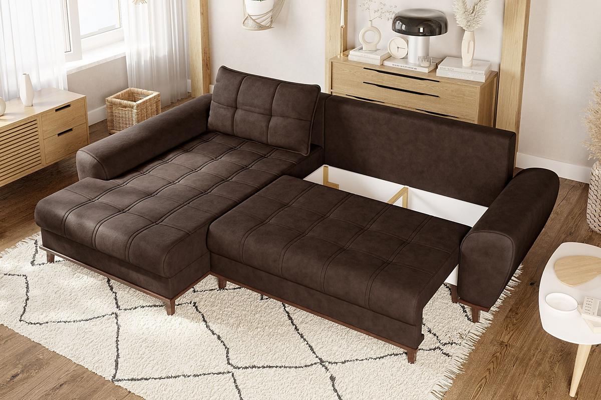 ECKSOFA im Scandi-Stil, Schlaffunktion, Bettkasten B268/T175/H86 cm, Ottomane links, Liegefl. 128x209 cm, Mikrofaserstoff in Vintage Braun / 21018 - Wildeiche/Eiche Bianco, Holz/Textil (268/175cm) - luma-home