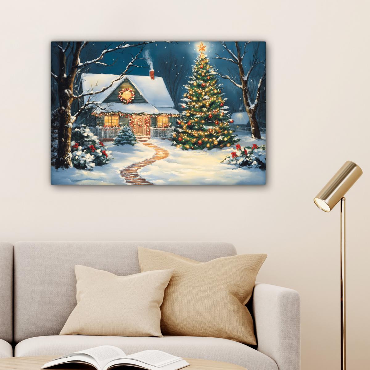 LEINWANDBILD Weihnachten - Weihnachtsbaum - Winter - Zuhause - Schnee Gemälde 60x40 cm - Smaragdgrün, Textil (60/40cm) - MuchoWow