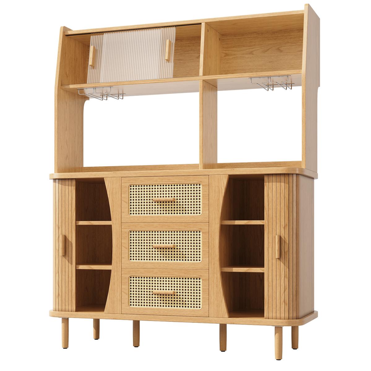 BUFFETSCHRANK Holzoptik mit Rattan & Glasschiebetüren, 140x174,5cm, Küchenschrank - Naturfarben, Holzwerkstoff (140/174.5/40.5cm) - Urban Meuble