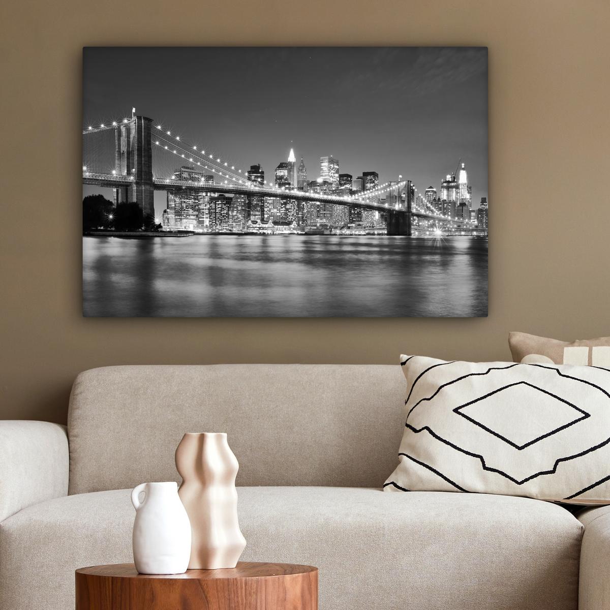 LEINWANDBILD New York - Brücke - Brooklyn - Schwarz und weiß - Architektur Gemälde 60x40 cm - Schwarz, Textil (60/40cm) - MuchoWow