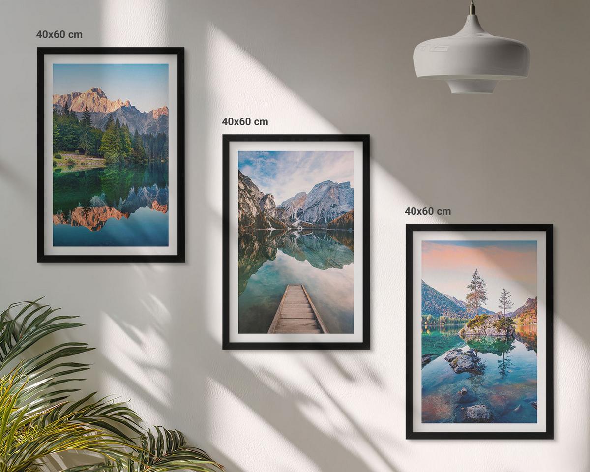 BILDER SET 3er Set - 40x60 cm Schwarzer Rahmen - Spiegelung des Waldes in Bergseen - Schwarz, Kunststoff (40/60cm) - TULUP