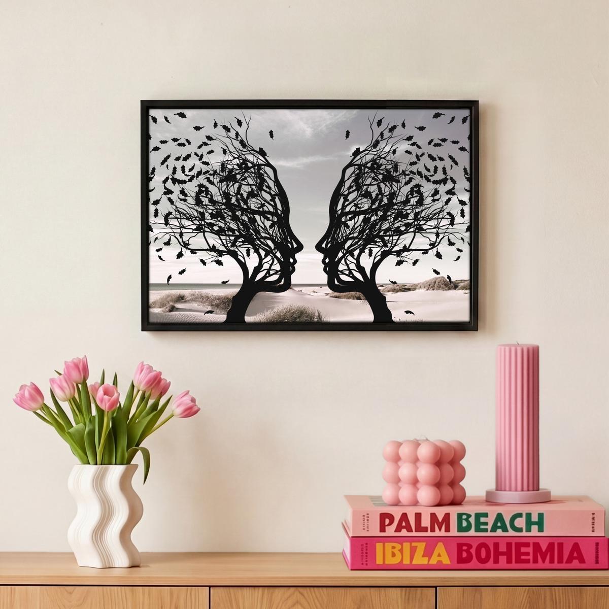 LEINWAND Bilder mit Rahmen - Strand - Meer - Menschen - Baum - Moderne Kunst - 30x20 - Hellgrau, Textil (30/20cm) - MuchoWow