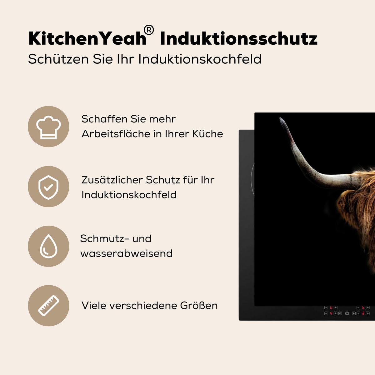 HERDABDECKPLATTE Schottischer Highlander - Hörner - Schwarz - Tiere - Natur - Wild - Kuh Ceranfeldabdeckung 85x52 cm - Cognac, Kunststoff (85/52/0.2cm) - MuchoWow