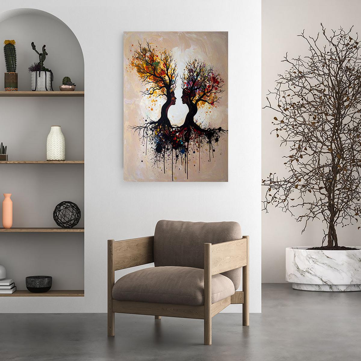 WANDBILD, Verliebtes Paar in Form von Bäumen - Beige, Textil (70/100cm) - Feeby