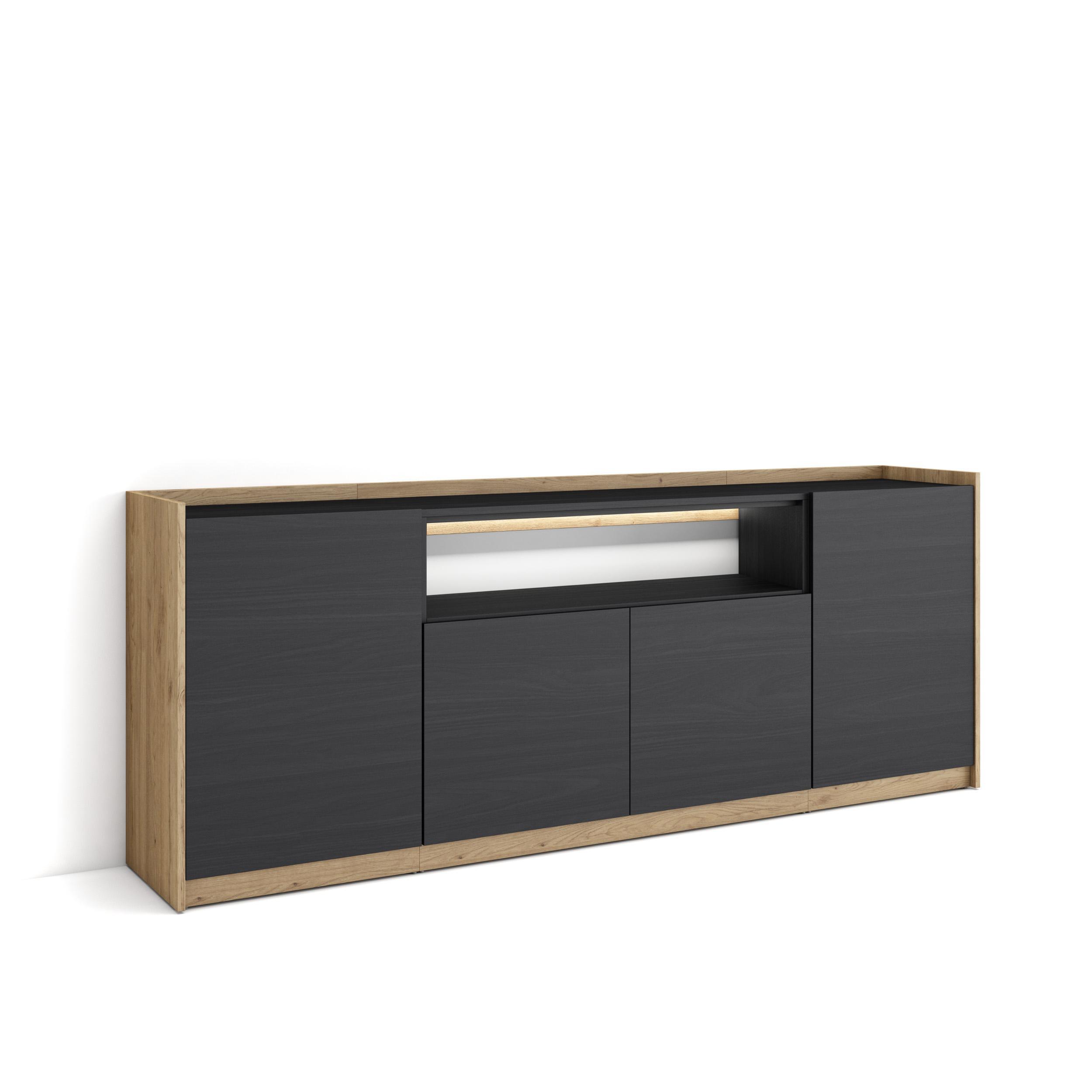 SIDEBOARD, Schwarz und Eiche, 207/37/80cm, mit Led - Schwarz, Holzwerkstoff (207/80/37cm) - Skraut Home