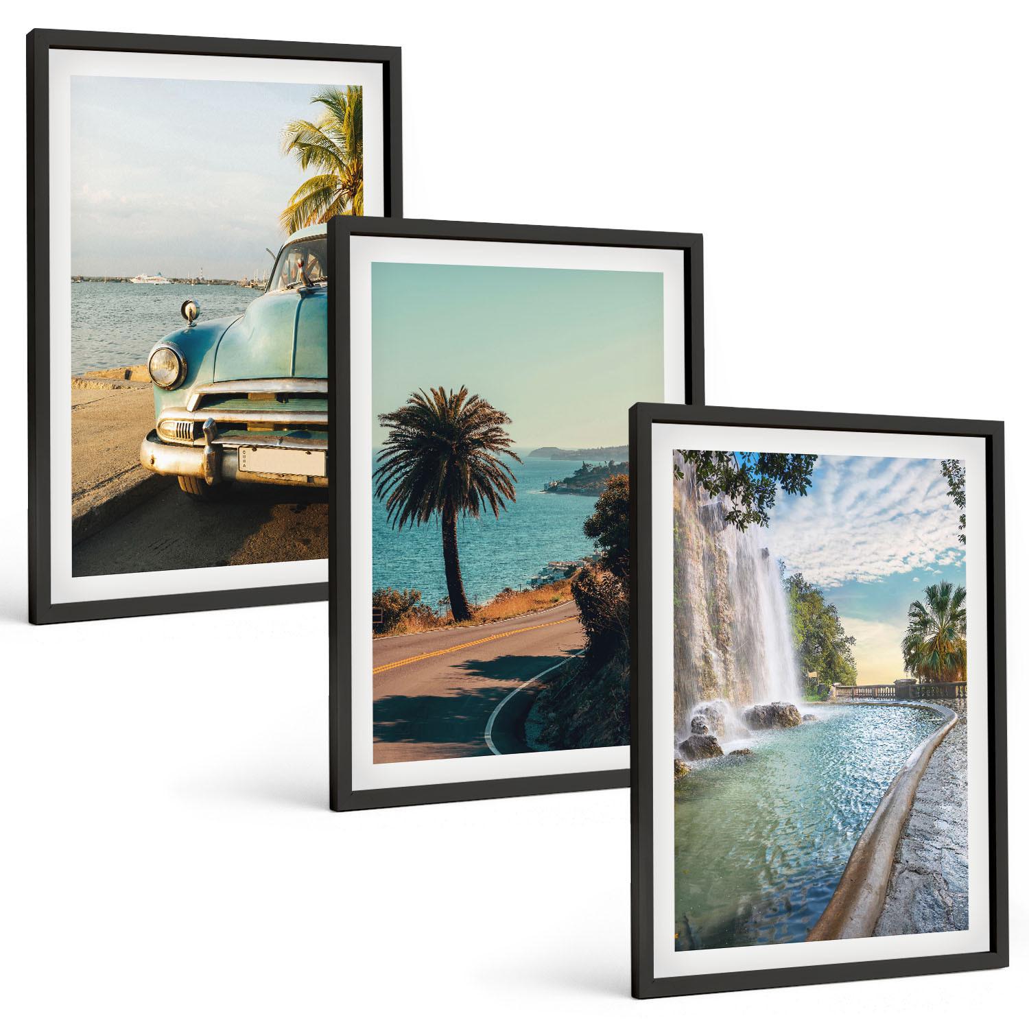 BILDER SET 3er Set - 40x60 cm Schwarzer Rahmen - Urlaub Palmen Wasserfall - Schwarz, Kunststoff (40/60cm) - TULUP