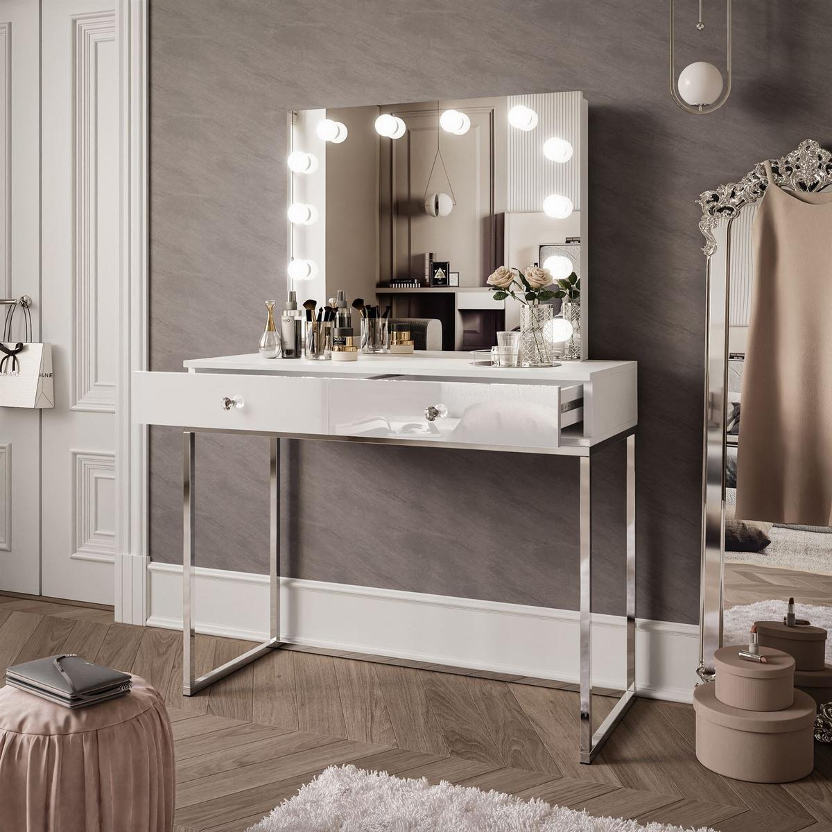 SCHMINKTISCH BLANCO GLAMOUR ELITE mit Spiegel und Beleuchtung Weiß Hochglanz Kristallgriff - Weiß Hochglanz/Silberfarben, Holzwerkstoff (100/146/42cm) - Lookway