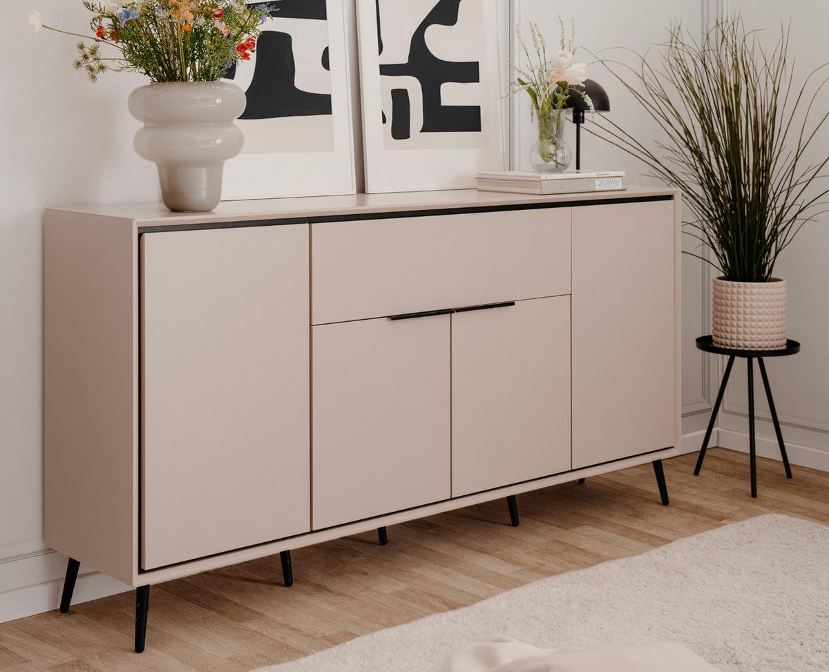 SIDEBOARD Sand und Schwarz 175 x 90 cm, Kommode mit Soft-Close-Funktion - Sandfarben/Schwarz, Holzwerkstoff/Kunststoff (175/90/38cm) - Furn.Design