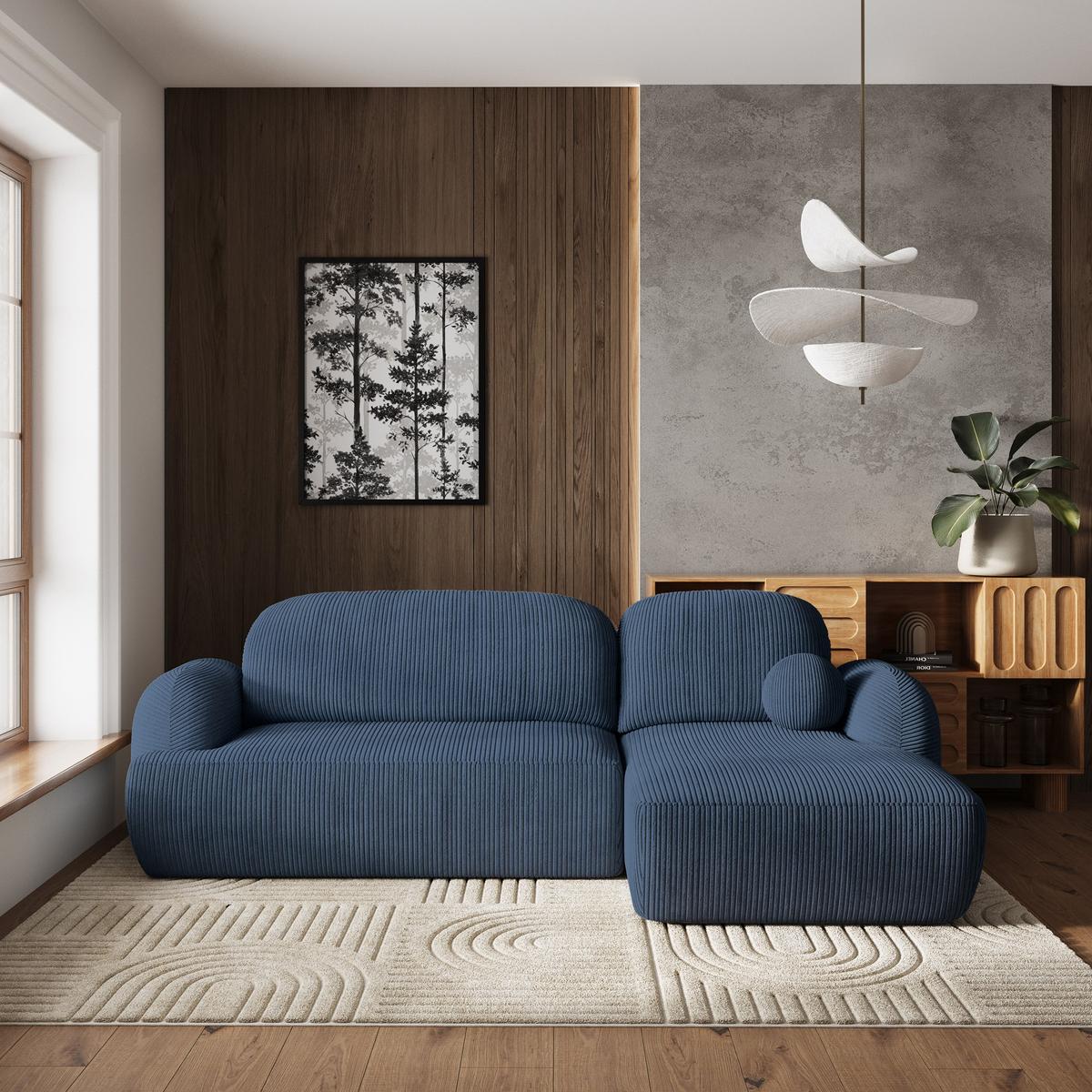 ECKSOFA MODENZA P R-S Blau Kordstoff mit Schlaffunktion - Blau/Schwarz, Holz/Kunststoff (266/148cm) - MASSENO