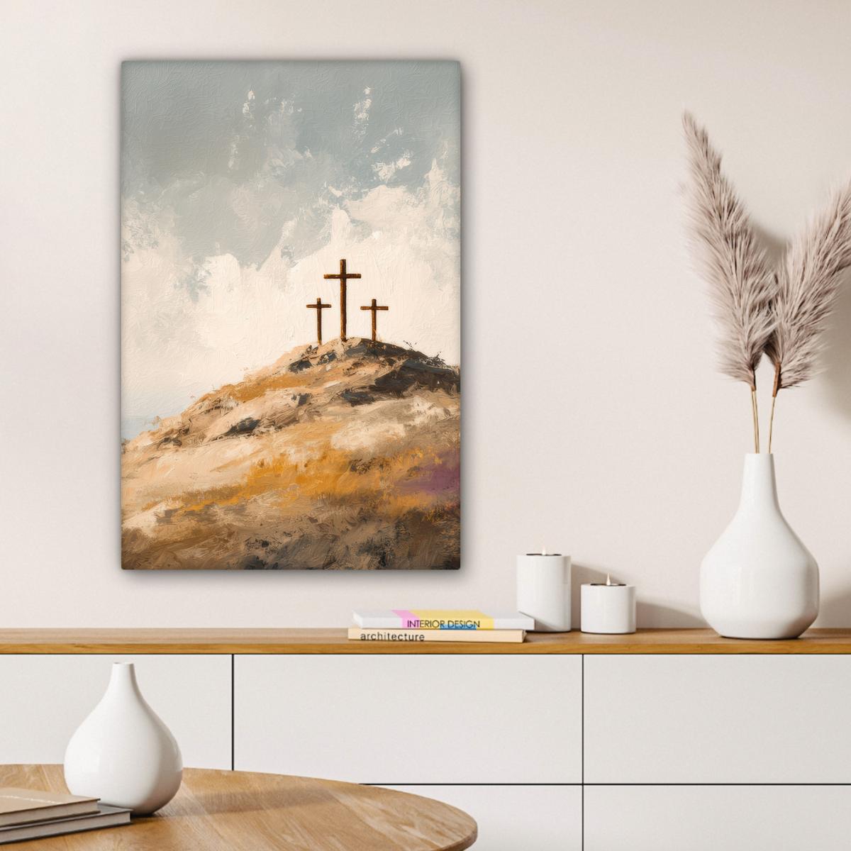 LEINWANDBILD Hügel - Abstrakt - Christentum - Kreuz Wanddeko 40x60 cm - Hellgrau, Textil (40/60cm) - MuchoWow