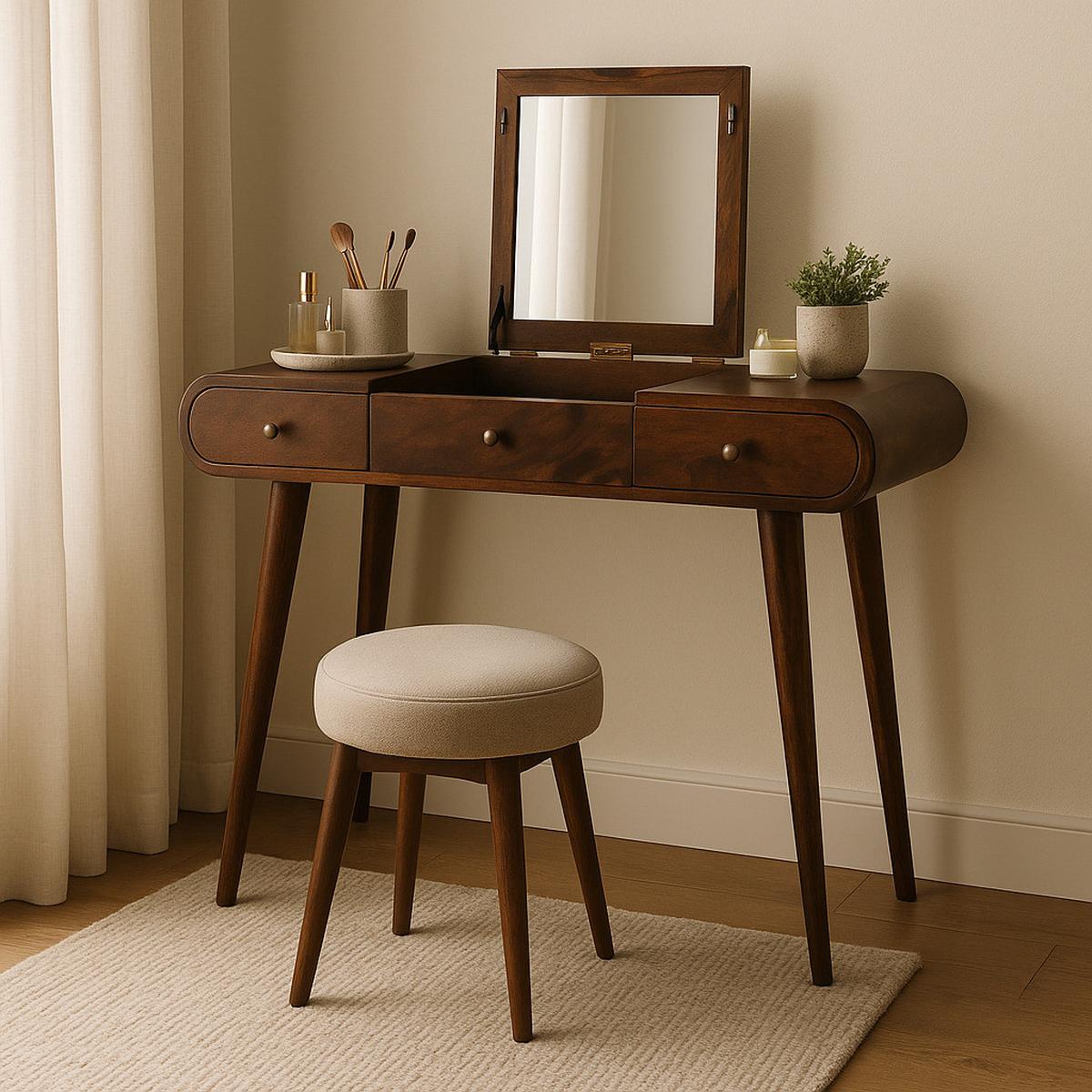 SPIEGELSCHMINKTISCH in Kastanienholz-Essenz mit 2 Schubladen, 4 Fächer, Braun - Messingfarben/Braun, Holz/Metall (100/80/40cm) - Artisan Furniture
