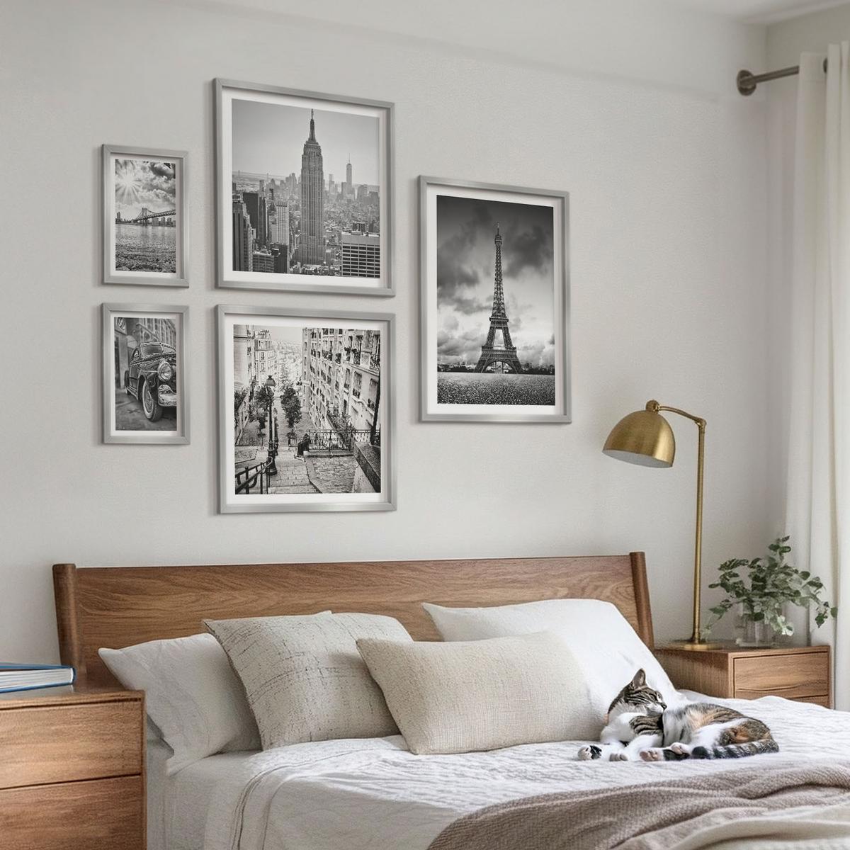 BILDER SET 5er Set - 50x50 cm & 20x30 cm & 40x60 cm Silberner Rahmen - Neonlinienwellen im Hintergrund - Silberfarben, Kunststoff (40/60cm) - TULUP