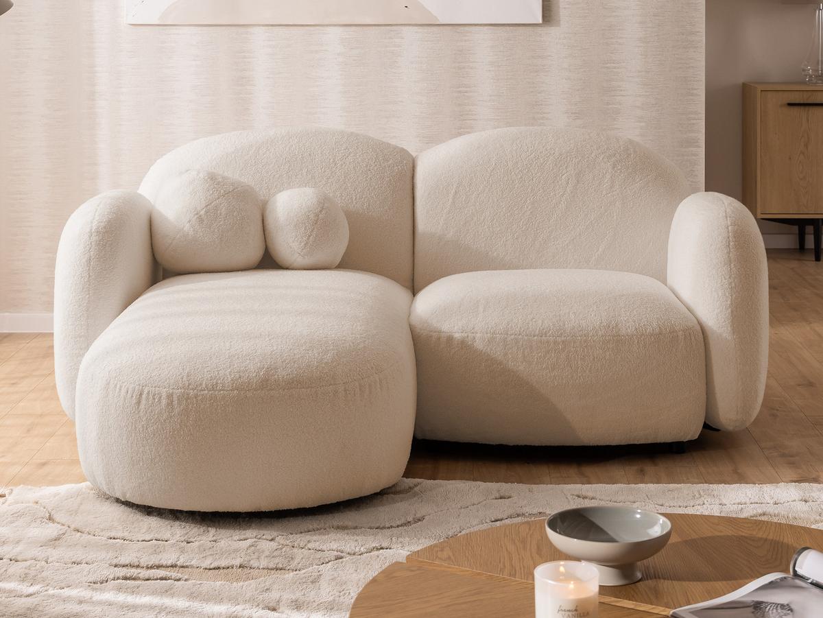 ECKSOFA Nuvola mit abgerundetem Design Hellbeige Bouclé-Stoff - Ottomane Links - Beige/Schwarz, Holz/Kunststoff (190/146cm) - S-Style Möbel