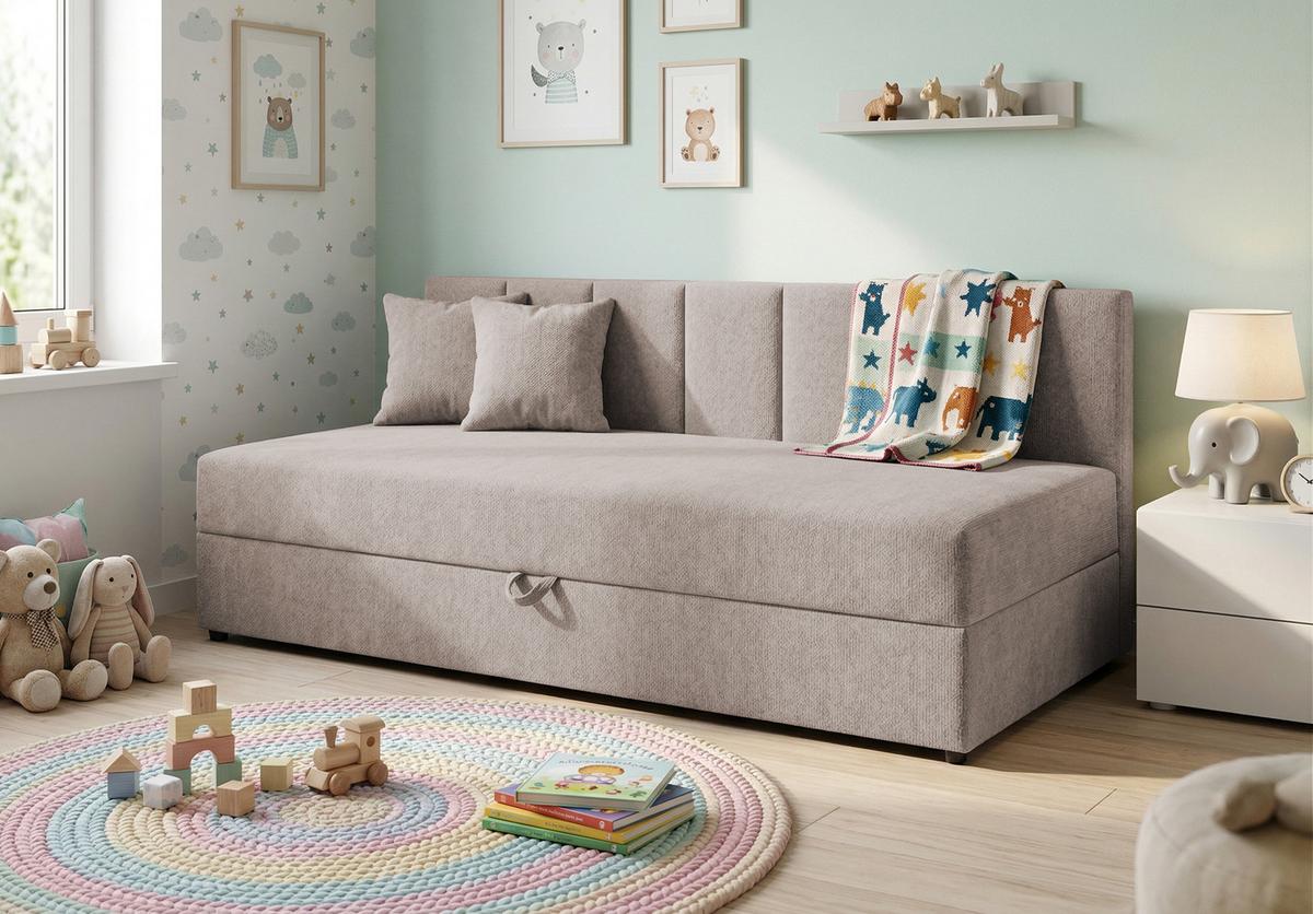 TAGESBETT Lenny mit Rückenlehne und großem Bettkasten aus Taupe Chenille-Stoff - Taupe/Schwarz, Holz/Kunststoff (90/200cm) - S-Style Möbel