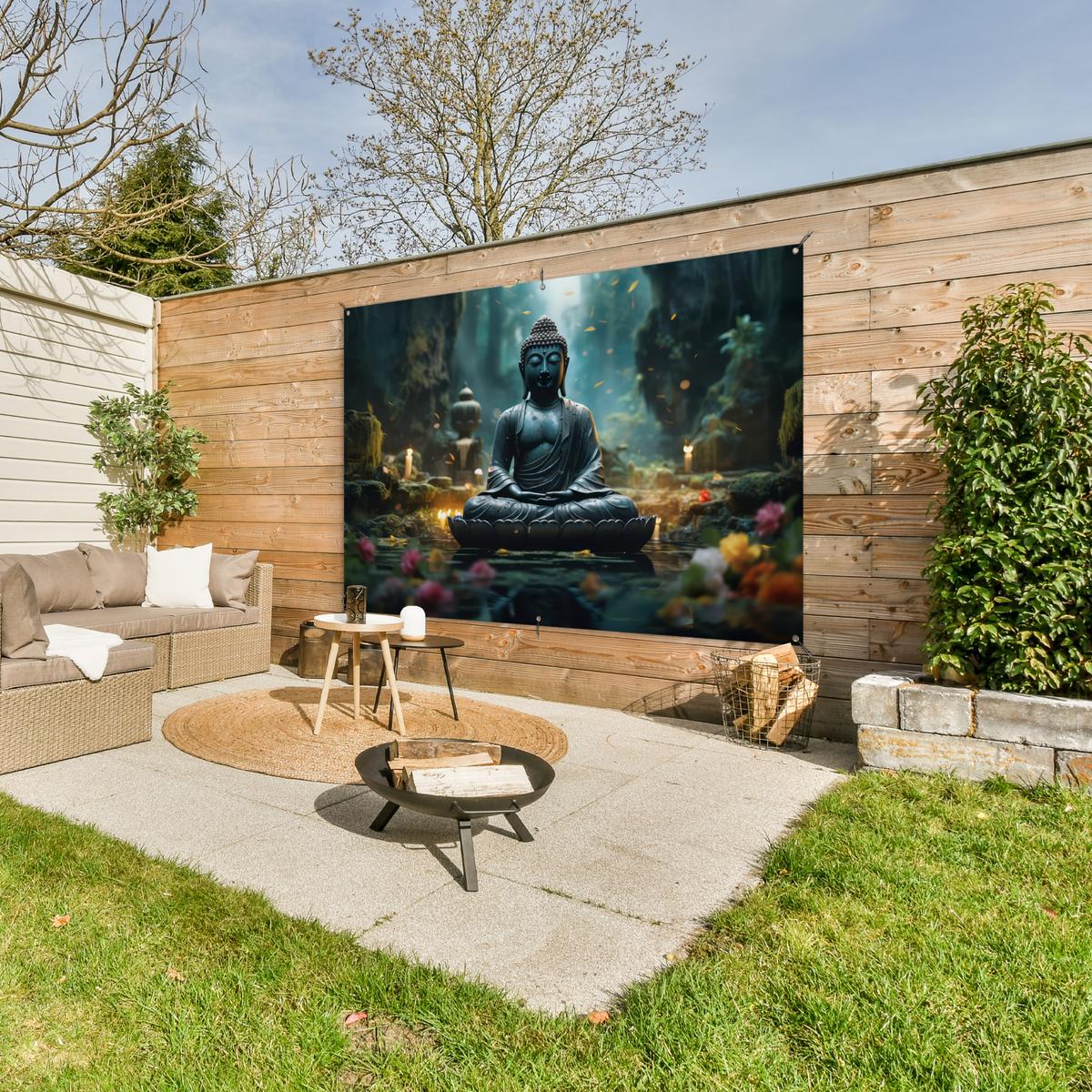 GARTENPOSTER Buddha - Statue - Buddha - Zen - Kunst - Buddha Poster für draußen 180x120 cm - Dunkelgrau, Kunststoff (180/120/0.2cm) - OnlyWow