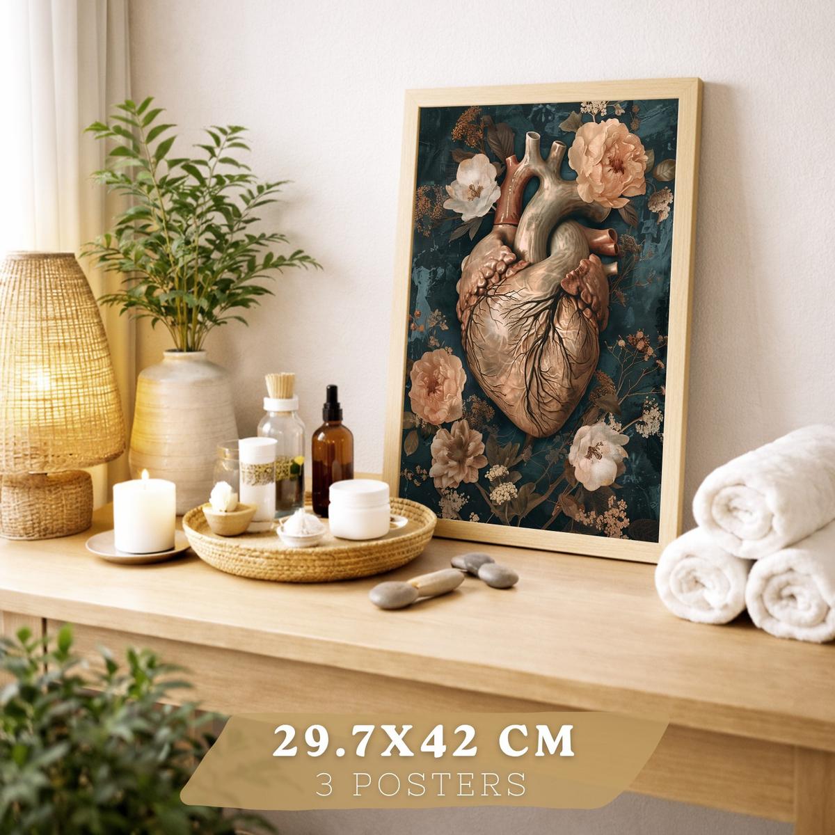 POSTER Kollektion aus 6 Anatomie Drucke und mit Herz Schädel Lungen Nieren und Gehirn Pergament Hintergrund dekoration Leichter Holzrahmen A3 & A4 - Beige, Papier (21/29.7/3cm) - Nacnic