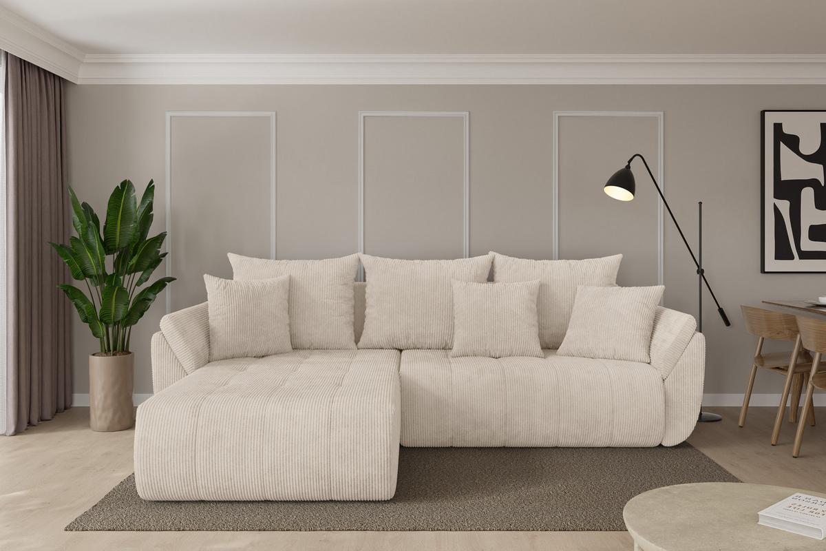 ECKSOFA mit Schlaffunktion Ottomane Links TOKO-L 277x194x86 Beige Cord - Beige/Schwarz, Holzwerkstoff/Kunststoff (277/194cm) - ALTDECOR