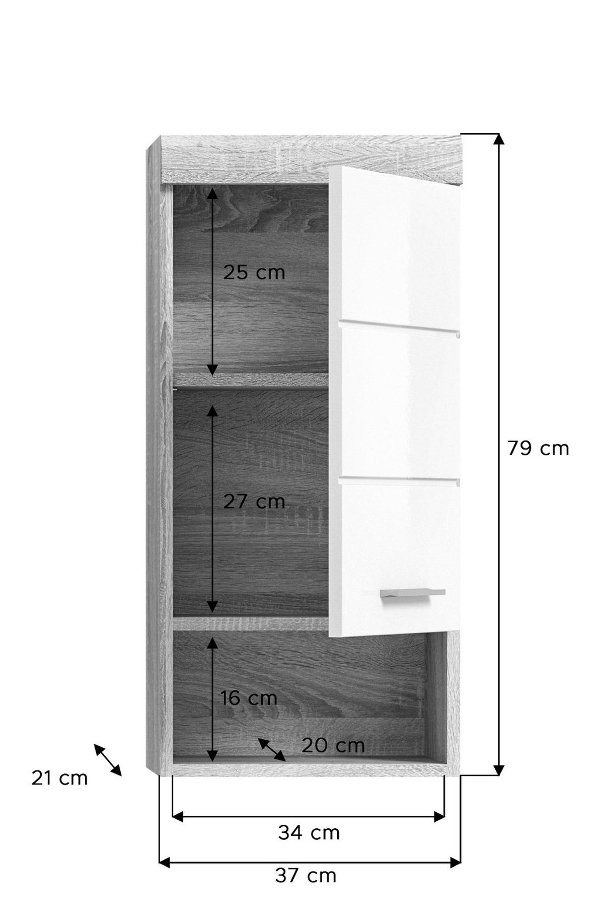 HÄNGESCHRANK weiß Hochglanz, Eiche 37 cm, Badschrank hängend - Weiß Hochglanz/Eichefarben, Holzwerkstoff/Kunststoff (37/79/24cm) - Inn.Furn