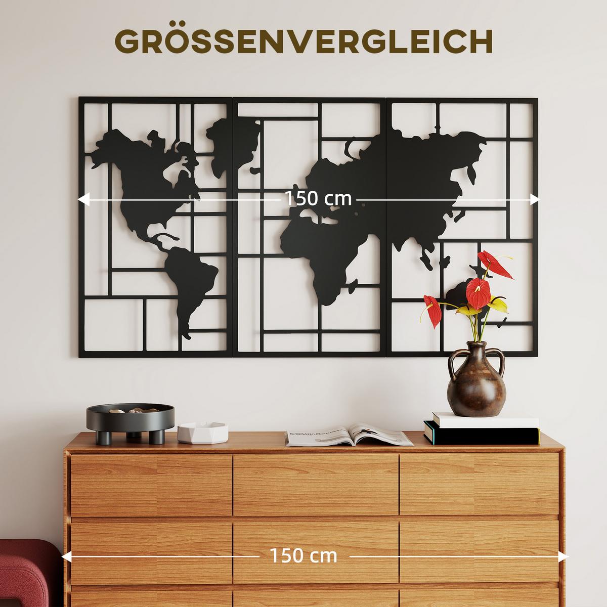 WANDDEKO Weltkarten Design, 50/80 cm - Schwarz, Metall (1.9/80/150cm) - HOMCOM