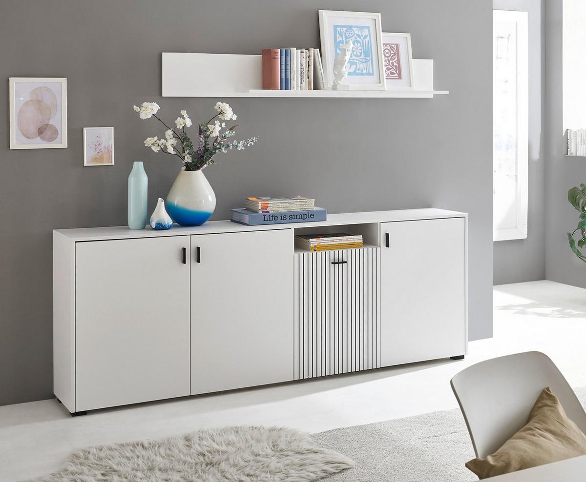 SIDEBOARD weiß matt, Kommode 200 cm mit 12 Fächern und Soft-Close - Schwarz/Weiß, Holzwerkstoff/Kunststoff (200/80/42cm) - Furn.Design